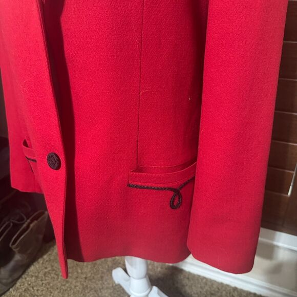 ALAN AUSTIN Vintage Red Blazer Black trim Wool Italy Jacket Career EU 44 US M - Picture 3 of 10